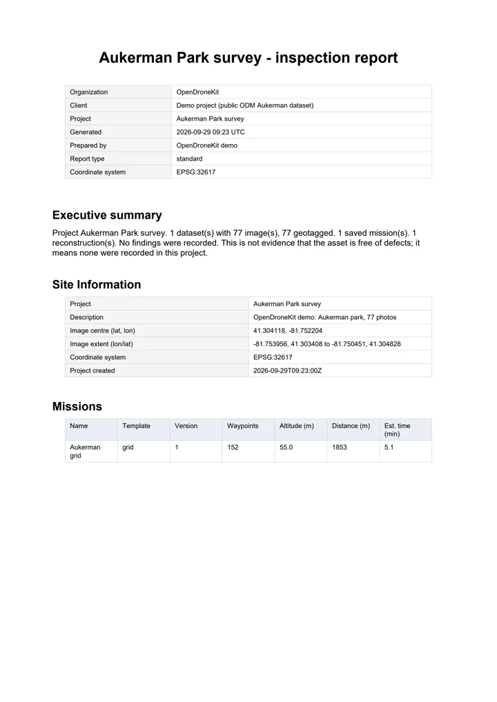 First page of the generated Aukerman Park inspection report: site information, executive summary and missions table